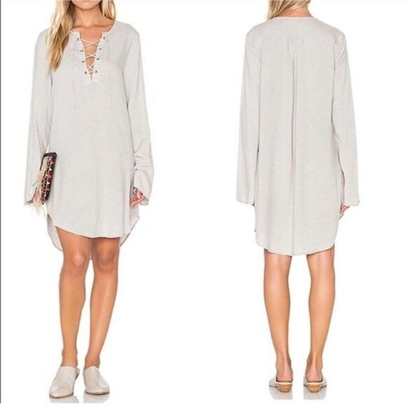 Bella Dahl Lace Up Drawstring Long Sleeve Tunic Tee Dress Charcoal Grey XS - Picture 1 of 8